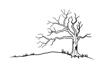 Bare Tree Illustration In Black And White Minimalist Design On Hillside