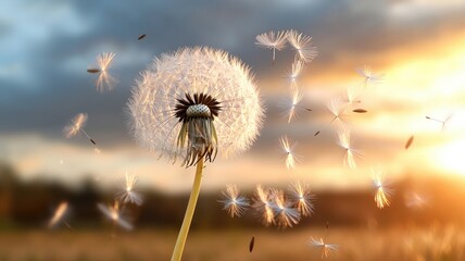 Obraz premium Close-up of a dandelion releasing seeds against a stunning sunset sky in gentle breeze.