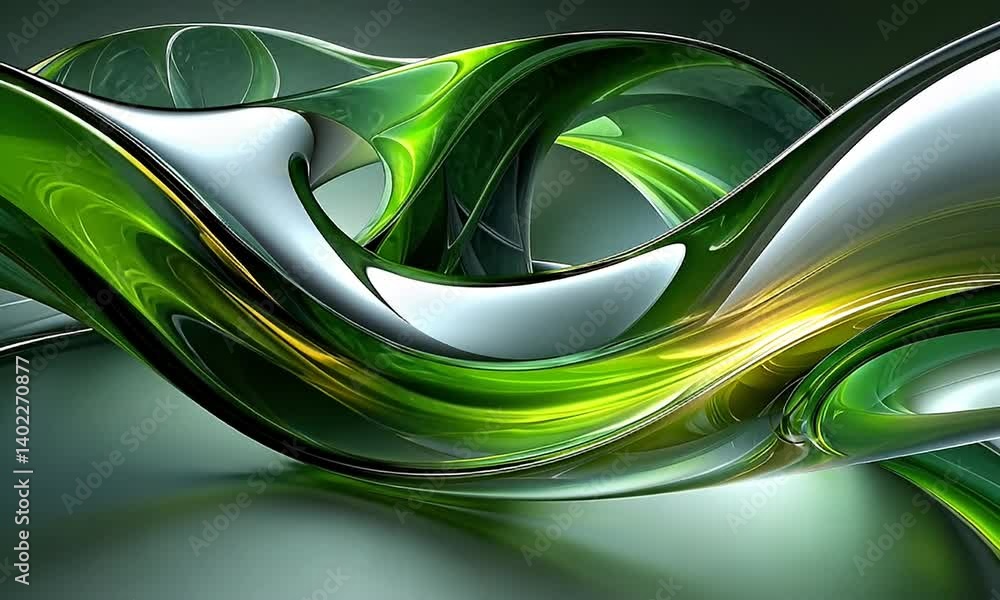 Sticker dynamic abstract waves of green and silver flowing gracefully across a smooth surface creating an ar