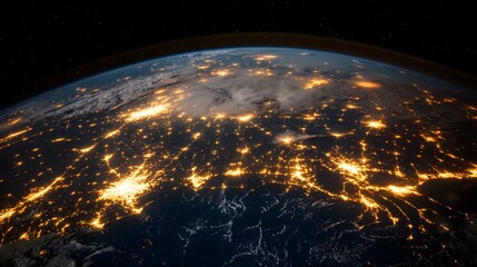 Obraz premium A nighttime view of Earth from space shows a vast expanse of city lights illuminating the landscape below, contrasting sharply with the dark expanse of space and ocean.