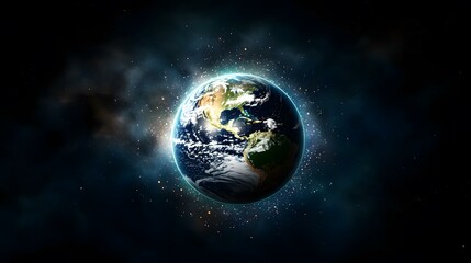 Fototapeta premium A vibrant, stylized image of planet Earth, centered in a dark space speckled with stars and glowing nebulae, emphasizing the planet's beauty and its place within the vast cosmos.