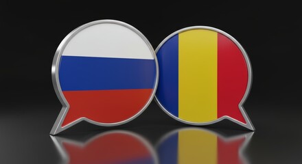 Naklejka premium Political dialogue representation: Russia and Romania flags in speech bubbles