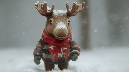 Adorable Cartoon Moose in Snowy Winter Forest
