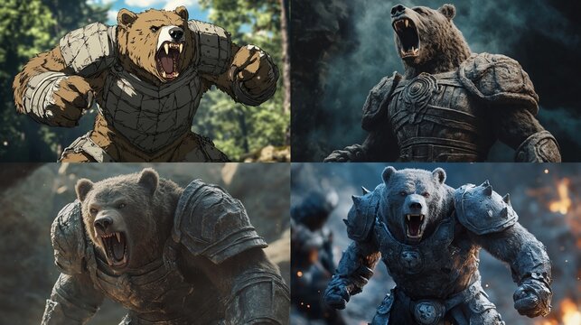 Four roaring armored bears in various styles. - Powered by Adobe