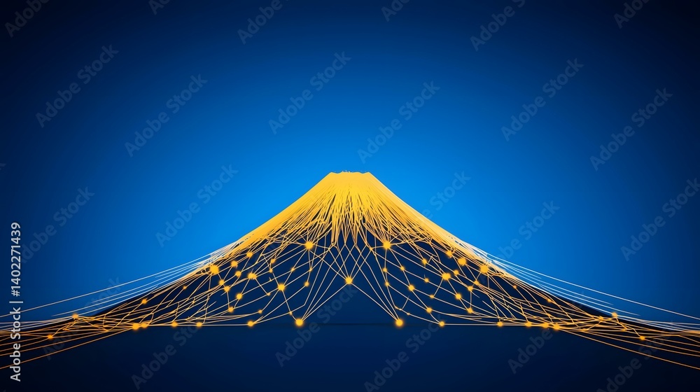 Poster the image contains a stylized depiction of a mountain, possibly mount fuji, rendered in dark blue wi