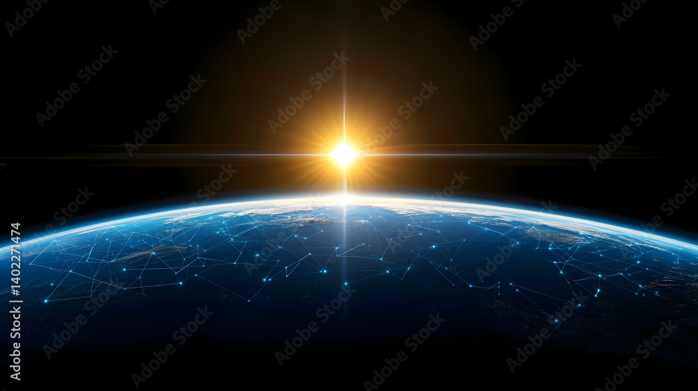 Poster the image shows a digital rendering of planet earth from space, illuminated by a bright sun rising o