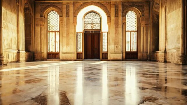 A grand, sunlit interior featuring polished marble floors and intricately carved arched windows and doors. The architectural design evokes a classical and timeless elegance, highlighting ornate 