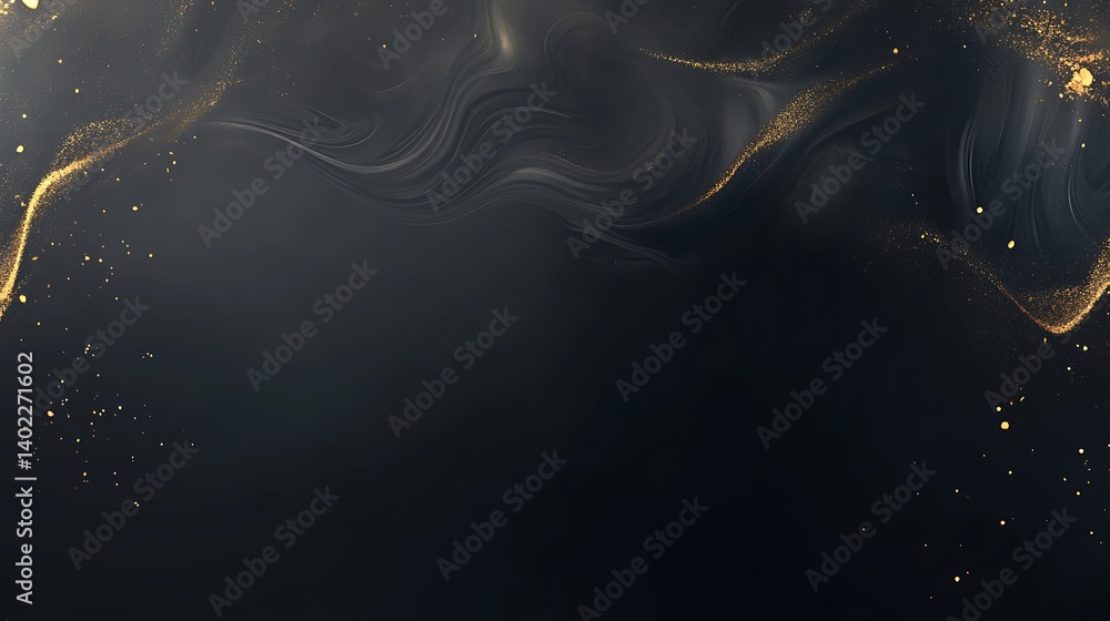 Poster elegant abstract background featuring flowing dark waves with golden highlights and shimmering effec