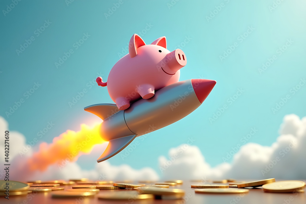 Poster a pink piggy bank in the shape of a pig is flying on a rocket. the rocket releases a fiery tail, cre