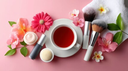 Obraz na płótnie Canvas Cosmetic Brushes and Delicate Flowers Arranged Around a White Cup of Tea on Pink Background