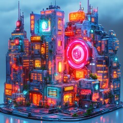 Futuristic cityscape, vibrant, illuminated, technology, and urban