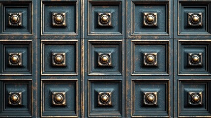 Ornate metal gate panels with dark blue/gray tiles and brass accents