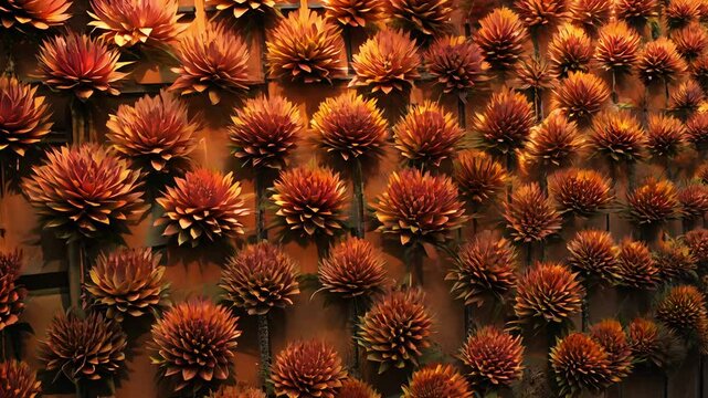 Dutch angle tilt video over a wall of oxidized-copper colored protea flowers, sodium vapor orange lighting, industrial lighting turns pistils into glowing filaments, casting long geometric shadows
