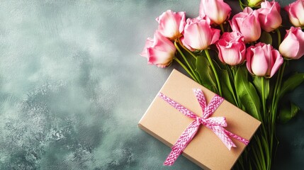 A rustic wooden surface serves as the backdrop for a charming arrangement of pink tulips.