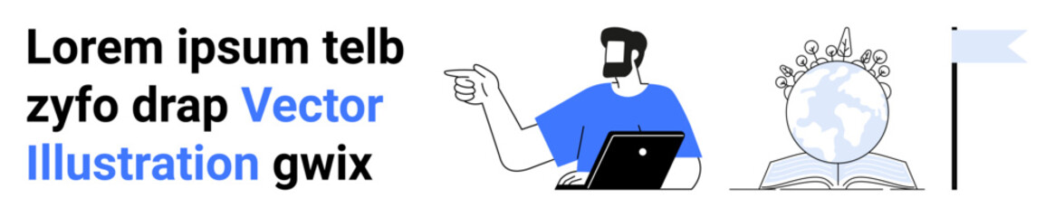 Man in blue shirt using laptop and pointing, open book with globe, gears as ideas or global learning. Ideal for education, technology, teamwork, innovation, global outreach, exploration flat landing