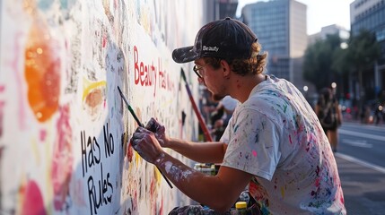 Fototapeta premium Urban artist creating a vibrant mural on a city street during a sunny afternoon in an artistic neighborhood
