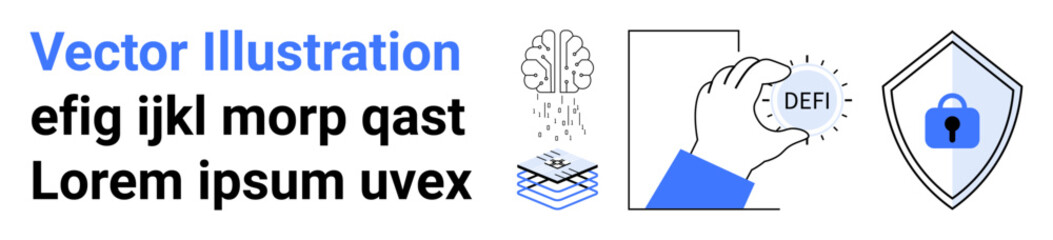 Hand holding DEFI coin, brain signifying ideas, data stacks symbolizing digital layers, and shield for security. Ideal for blockchain, fintech, technology, innovation, cryptocurrency data analysis