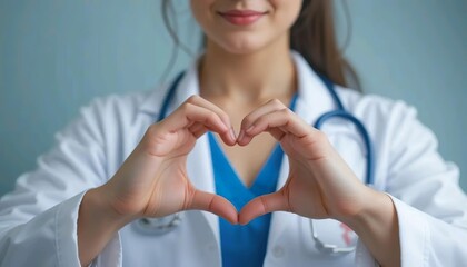 A nurse with white coat Make heart symbol with her hand. Happy nurses day concept