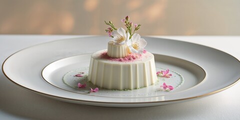 Exquisite dessert featuring a floral garnish on a fine dining plate with soft background lighting.