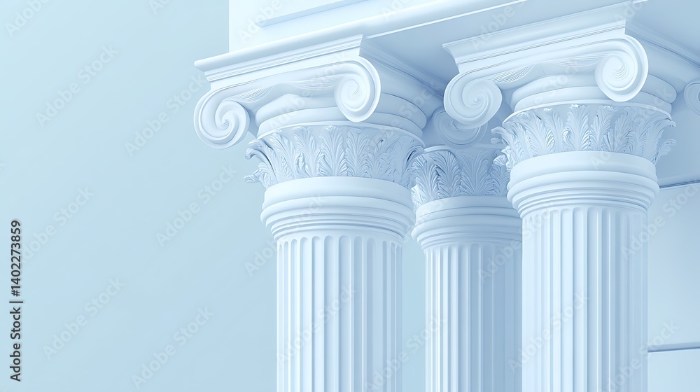 Poster elegant white classical columns with intricate details against a soft blue background, symbolizing s