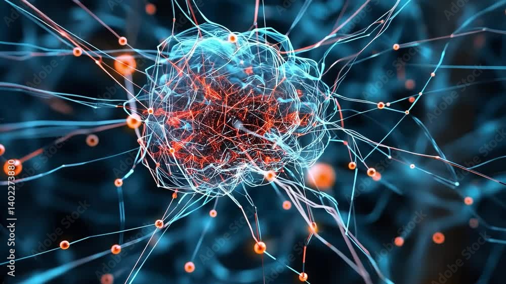 Poster digital representation of brain vibrant blue and red neurons showcasing neural connectivity and tech