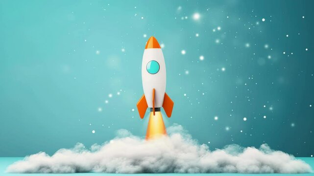 A cartoon-style rocket with a white body, orange fins and nose cone, and a teal window is launching upwards with flames and white smoke against a teal background
