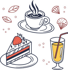 Coffee and cake set vector illustration icons for cafe dessert design