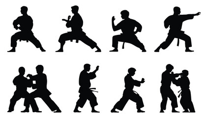 Set of karate silhouettes showcase diverse techniques. vector illustration.