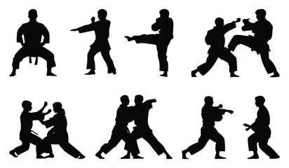 Set of karate silhouettes showcase diverse techniques. vector illustration.
