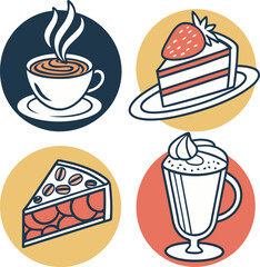Coffee and cake icons set vector illustration features sweet dessert, chocolate cupcake, and a cup of hot drink for cafe design