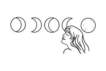 Woman In Profile Gaze Moon Phases Cycle Spiritual Connection Minimalist Outline