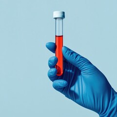 Lab test tube with red liquid held by gloved hand