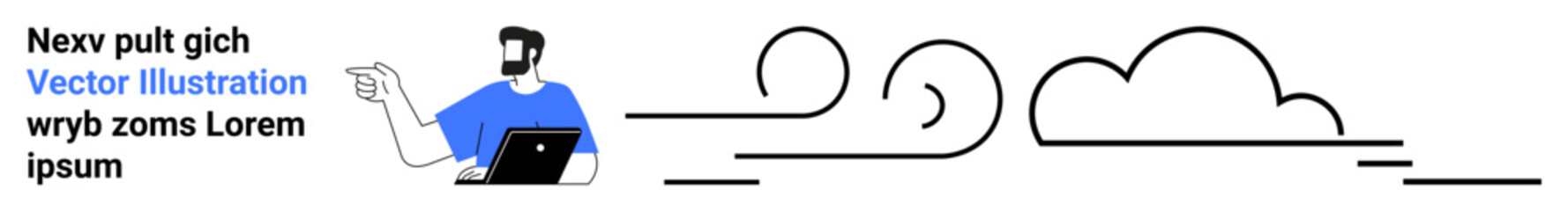 Man using laptop, next to linear cloud shapes and swirls. Ideal for tech, innovation, remote work, creativity, education, digital solutions, flat landing page banner