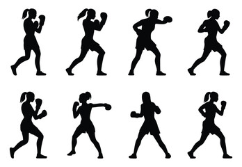 Set of female boxer silhouettes in various boxing stances. vector illustration.