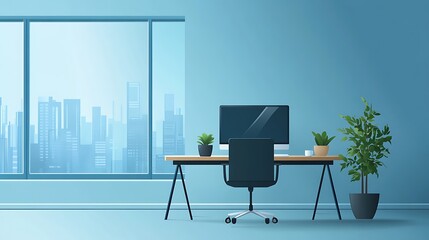 Minimalistic Office with Cityscape View, Minimalistic office interior with a desk, computer, and a potted plant against a cityscape view