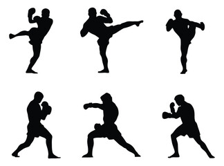 Set of martial arts fighters silhouettes in dynamic action. vector illustration.