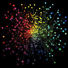 http extrememly complex datascience network graph with all straight edges, geometric structures, interconnected nodes, varrying node sizes, use green, red, magenta, 