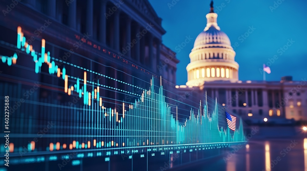 Poster financial data visualization with graphs in front of the u.s. capitol building at twilight