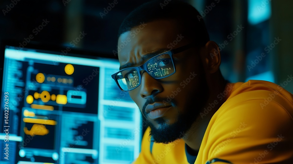 Poster focused individual analyzing data on computer screens in a modern tech workspace at night