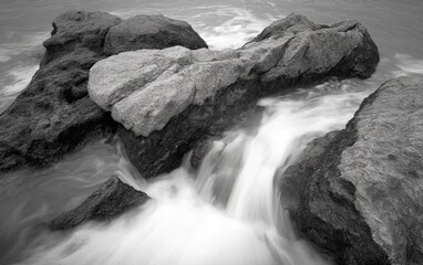 Fototapeta premium Water Flowing Over Dark Rocks, Black and White