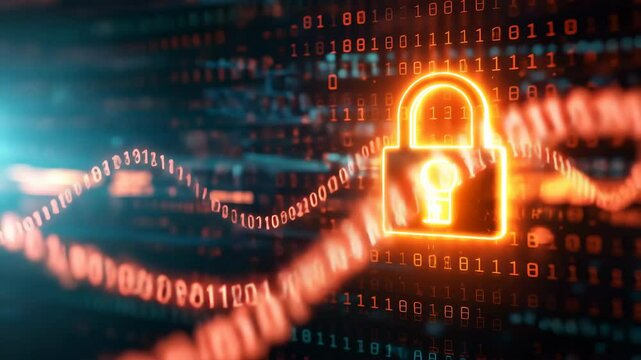 A glowing orange padlock icon with a keyhole is prominently displayed against a backdrop of blurred, flowing binary code and abstract digital patterns