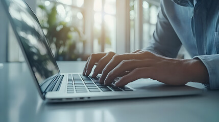 Person Typing on Silver Laptop at Desk near Window