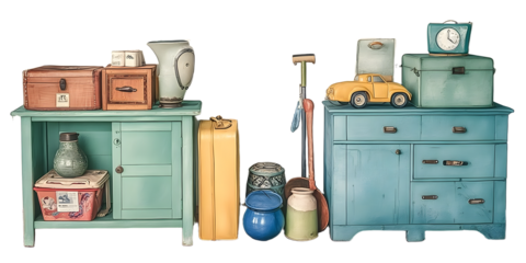 Vintage storage and retro objects watercolor collection for home decor and design. Garage Sale Day