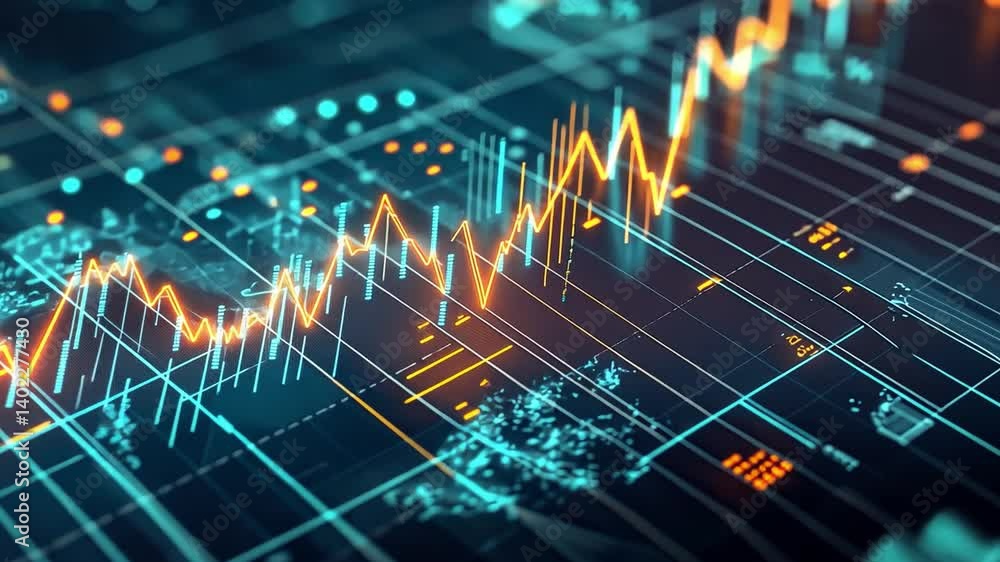 Poster digital financial graphs analyzing market trends and data growth through innovative technology and v