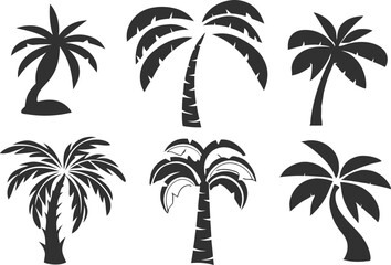 Obraz premium Elegant Collection of Palm Tree Silhouettes Featuring Six Unique Black-and-White Designs with Varied Trunk and Leaf Arrangements, Perfect for Creative Projects, Tropical-Themed Artwork, Illustrations,