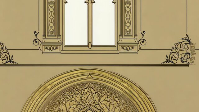 Ornate Architectural Details Featuring Arched Entrance and Decorative Window with Scrollwork Motifs