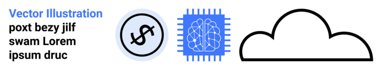 Neural network processor, dollar coin with arrow, and cloud outline. Ideal for AI, finance, fintech, cloud technology, innovation, investment simple landing page