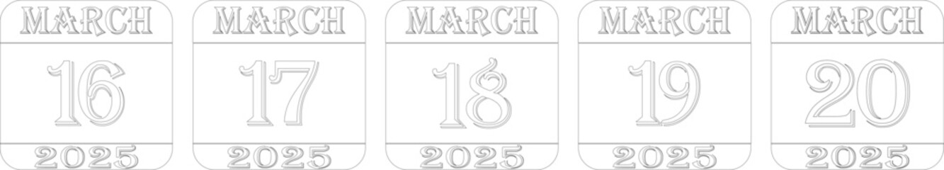 March 2025 calendar line art icon set.Single day calendar in vector illustration flat style.Agenda plan, march month schedule calendar and Time planner.Meeting appointment time.Calendar Event schedule