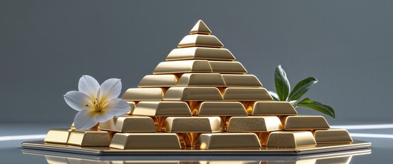 Golden Bars in Pyramid Formation on Reflective Surface with Flower.