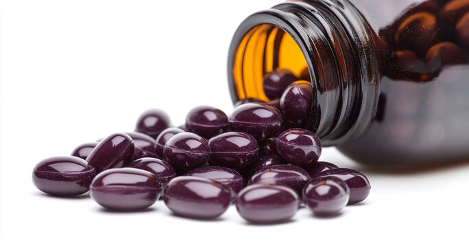 food supplement purple capsules spilling out	
